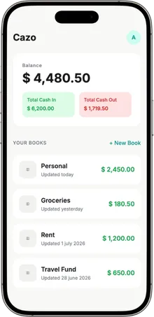 Cazo home screen with balance and books list