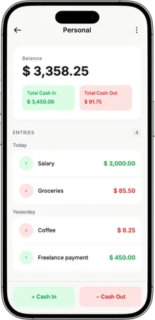 Cazo book detail with entries and running balance
