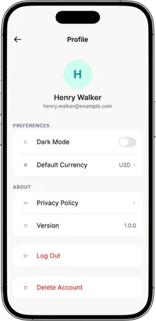 Cazo profile screen with theme and currency settings